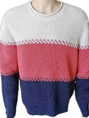 LL Bean Sweater Men XL Colorblock Organic Cotton Waffle Knit Rollneck Crew Heavy